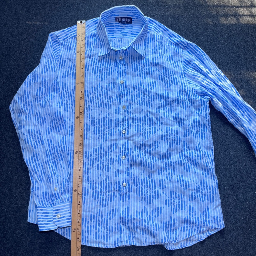 Vilebrequin Button Down Mens XL Blue Excellent Linen Striped Floral Long Sleeve - Picture 8 of 11